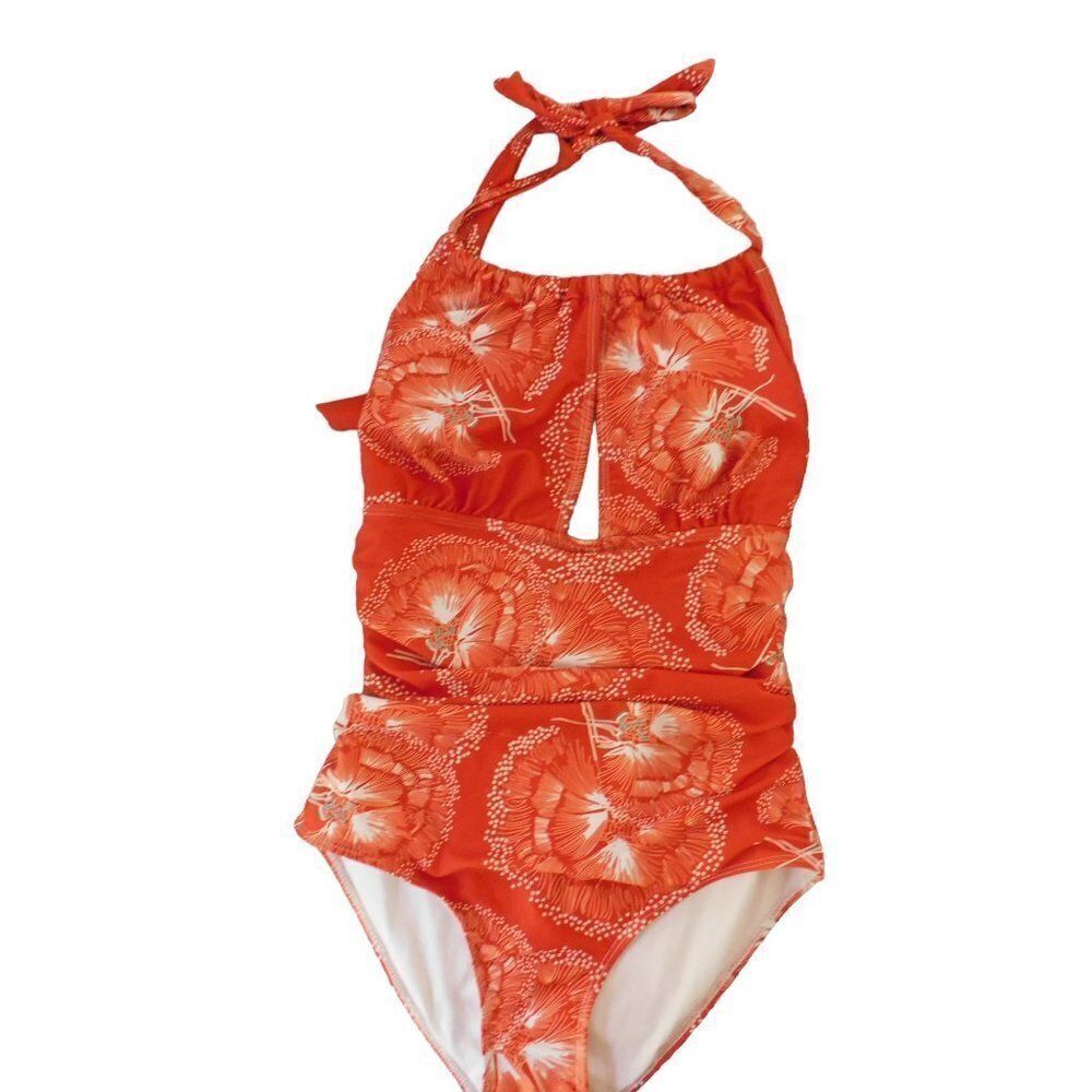 Eomenie Women's One-Piece Swimsuit Cutout Orange White Floral Size Small